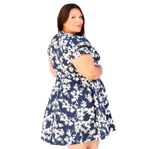 Size 16 1X NEW NAVY BLUE FLORAL PRINT FIT & FLARE COTTON DRESS Summer Plus Size - Picture 2 of 6
